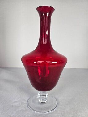 MCM Vintage Art Glass Ruby Red Vase With Clear Stem Elme Sweden
